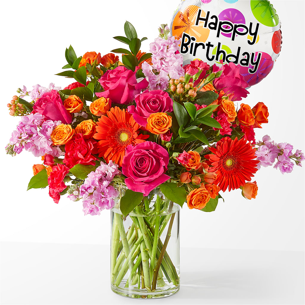 Fiesta Bouquet with Birthday Balloon – Greater Kansas City Flower Shop, Kansas City MO