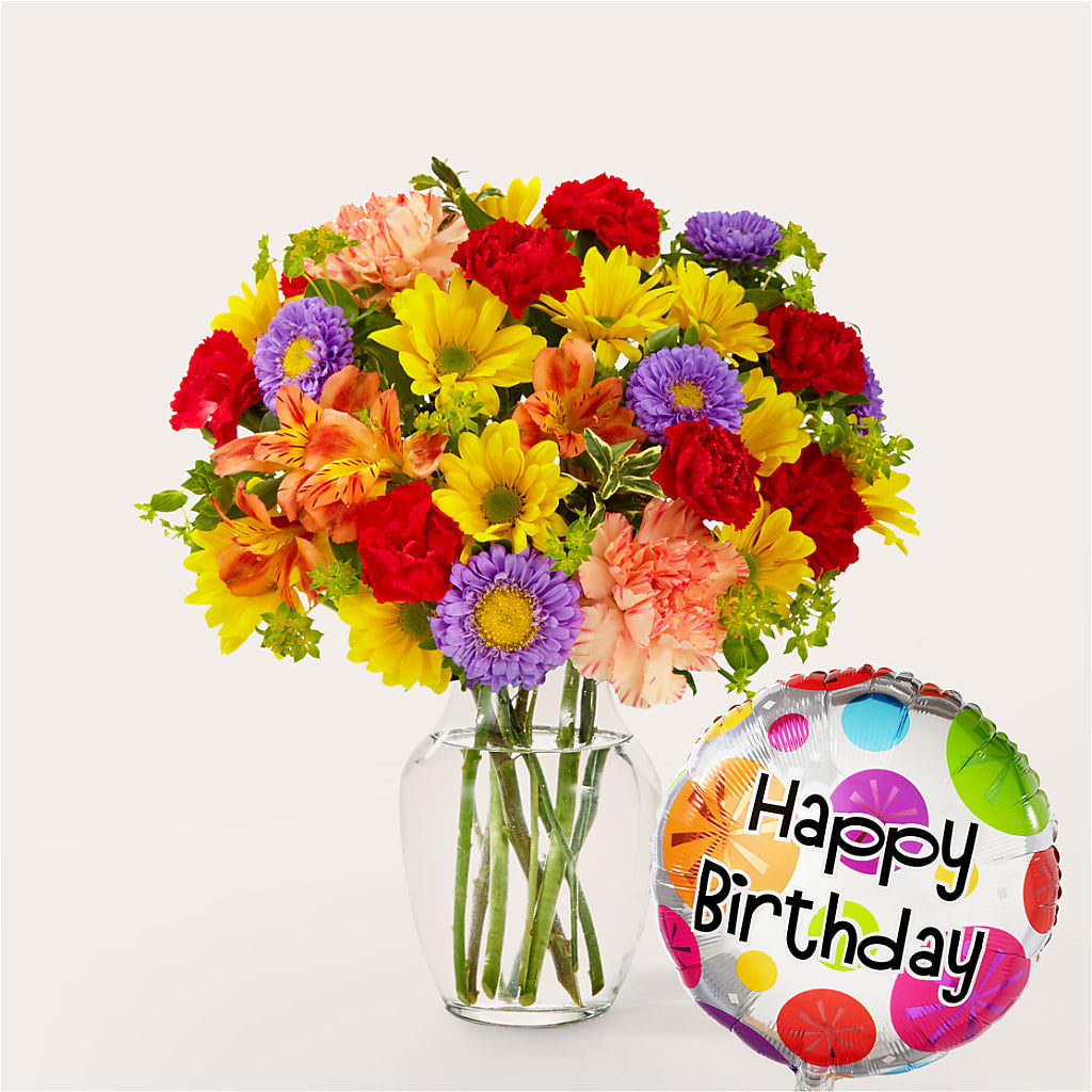 Kaleidoscope Bouquet with Birthday Balloon – Greater Kansas City Flower Shop, Kansas City MO